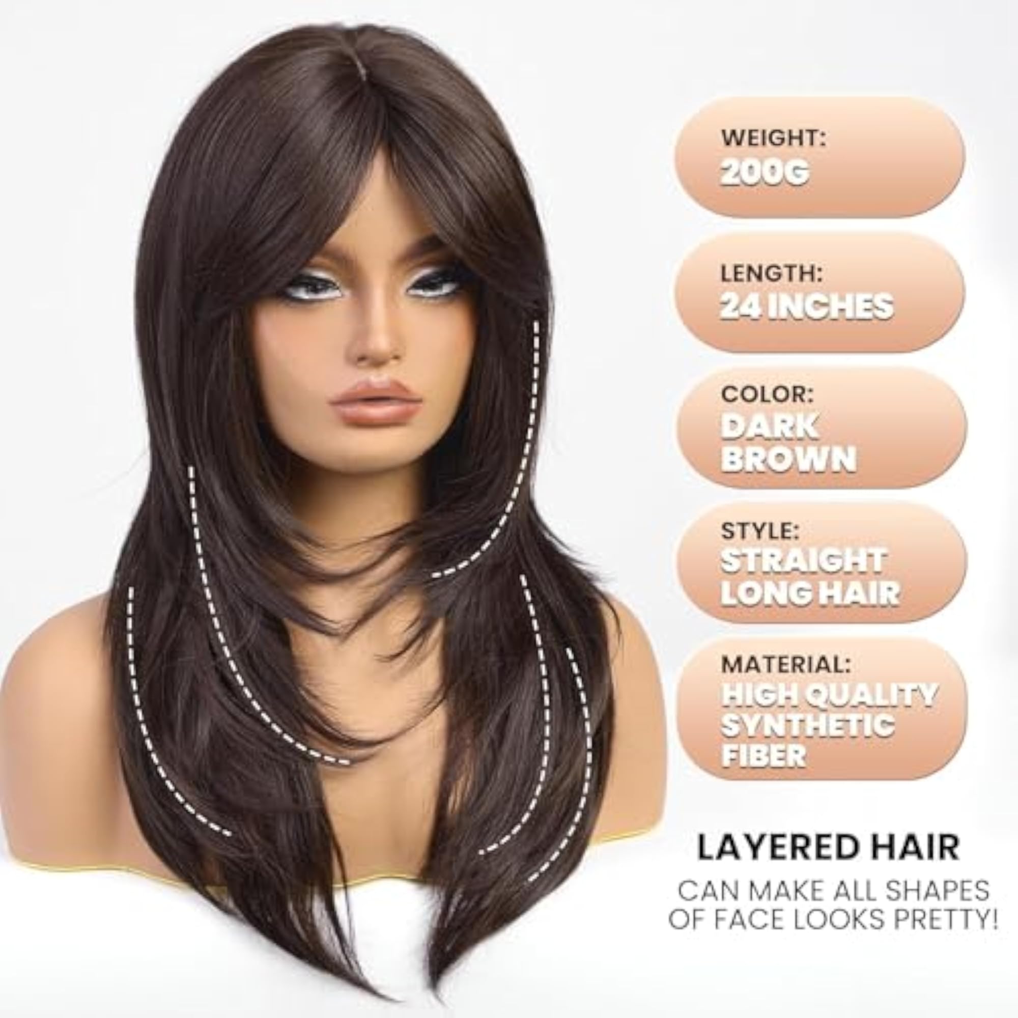 Brown Long Layered Synthetic Wig with Curtain Bangs